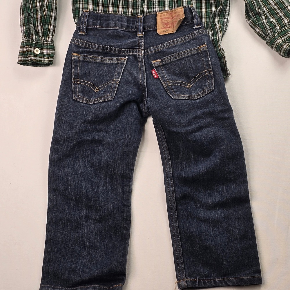 Boys OshKosh Plaid Shirt and Levis 514 Straight Jeans Set Green Blue Size 4T‎ - Picture 11 of 16